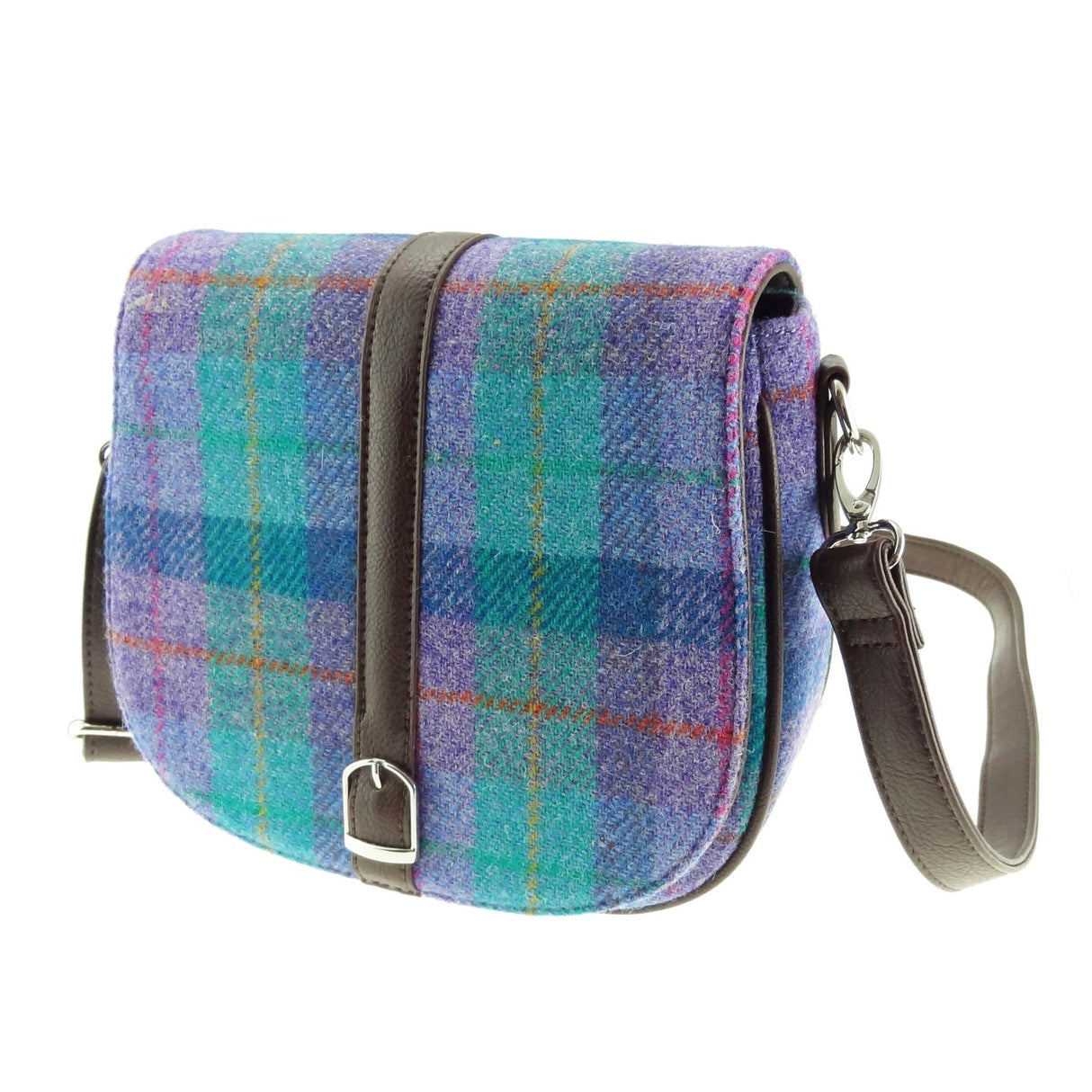 Beauly Harris Tweed Curved Shoulder Bag Green & Purple Tartan