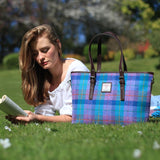 Spey Harris Tweed Large Tote Bag with Shoulder Strap Green & Purple Tartan