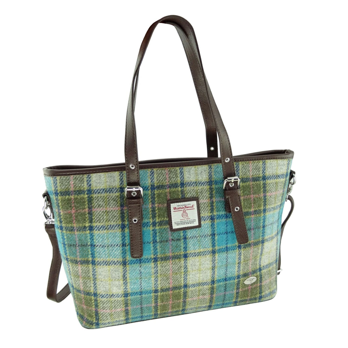 Spey Harris Tweed Large Tote Bag with Shoulder Strap Turquoise Tartan