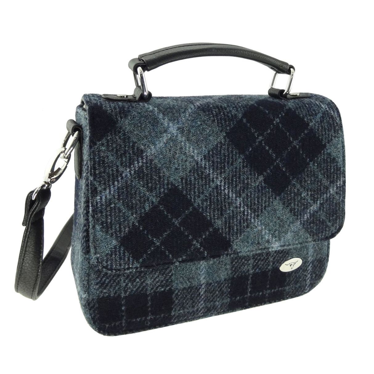 Thurso Harris Tweed Top Handle Square Handbag Grey & Black Tartan