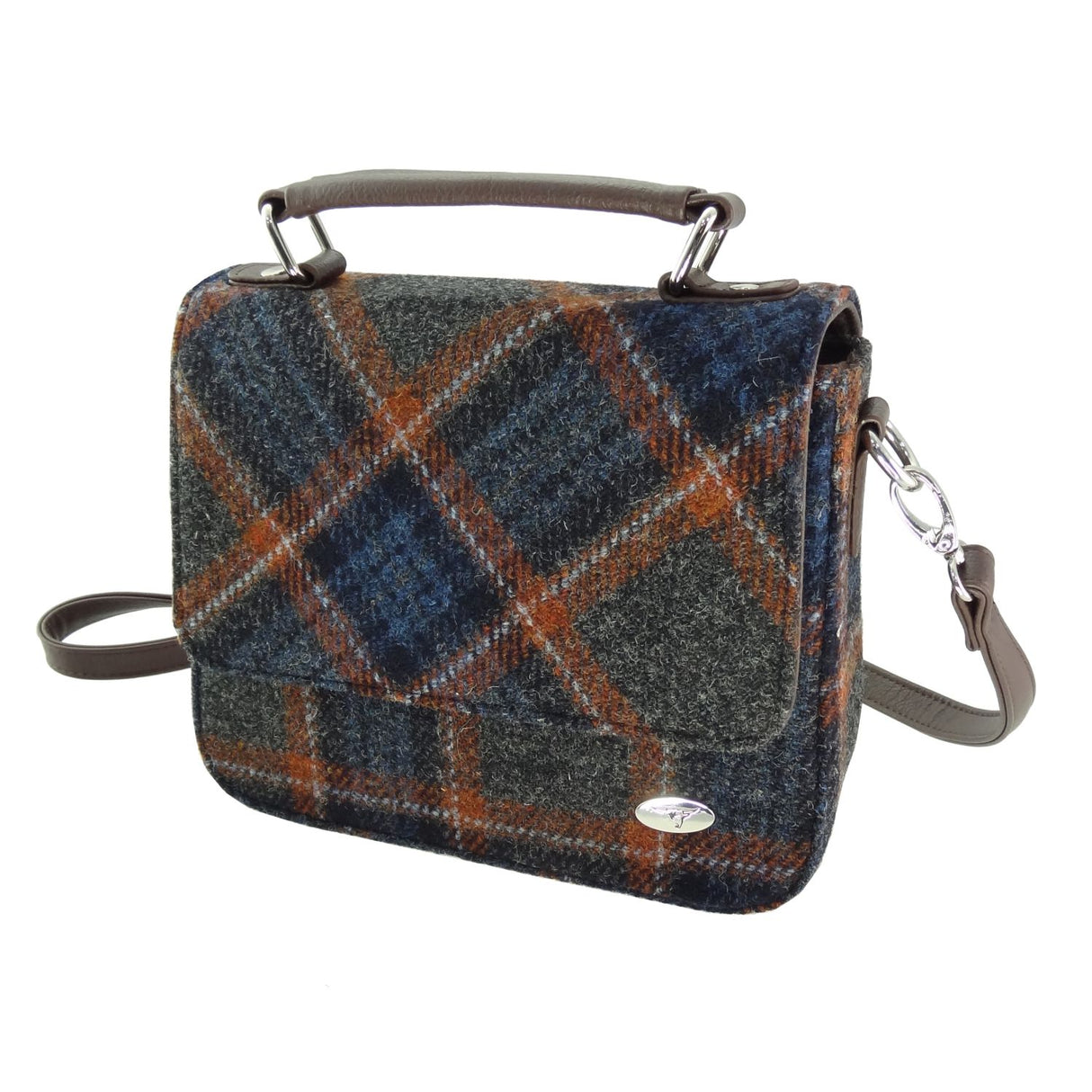 Thurso Harris Tweed Top Handle Square Handbag Grey with Rust Overcheck