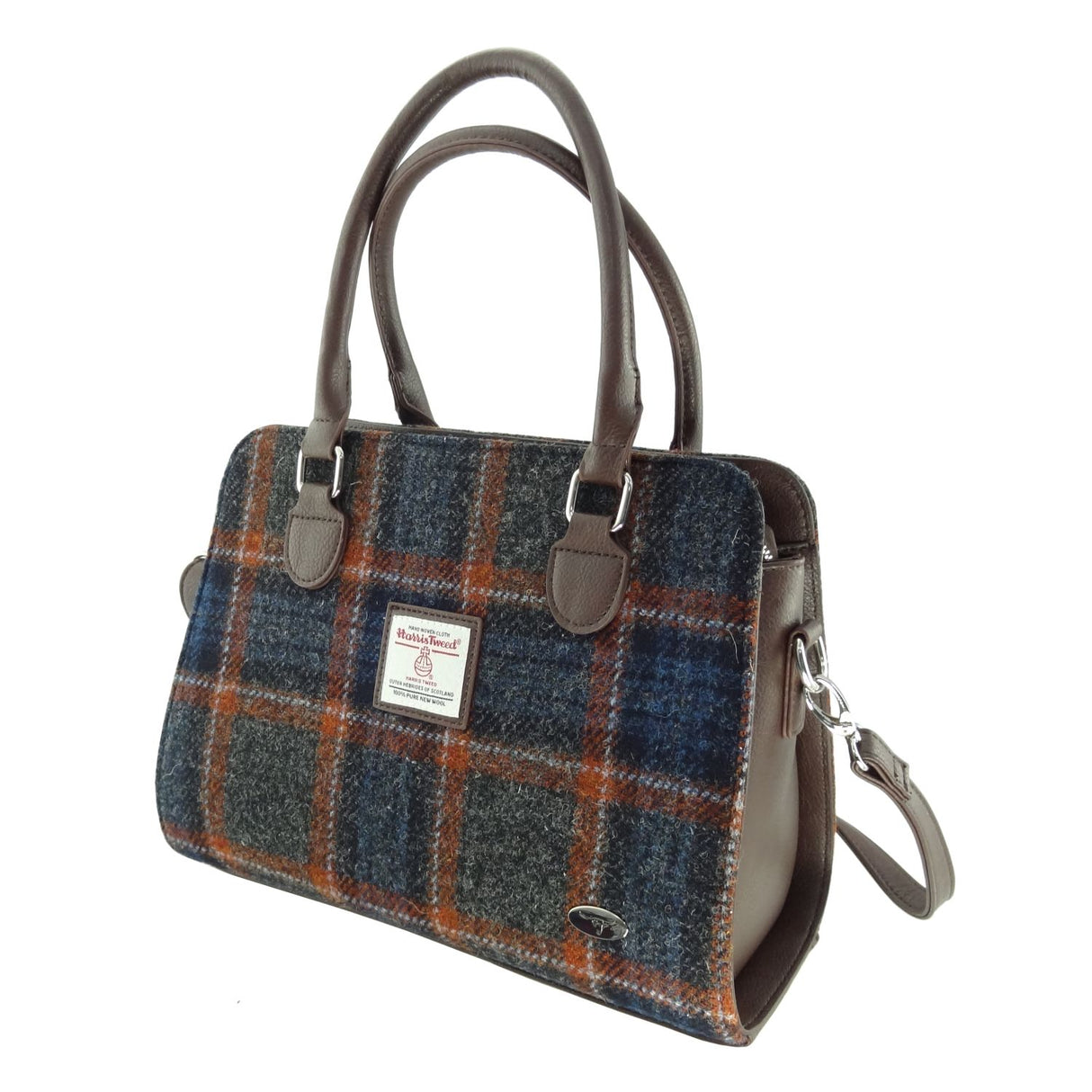 Findhorn Harris Tweed Structured Handbag with Shoulder Strap Grey with Rust Overcheck