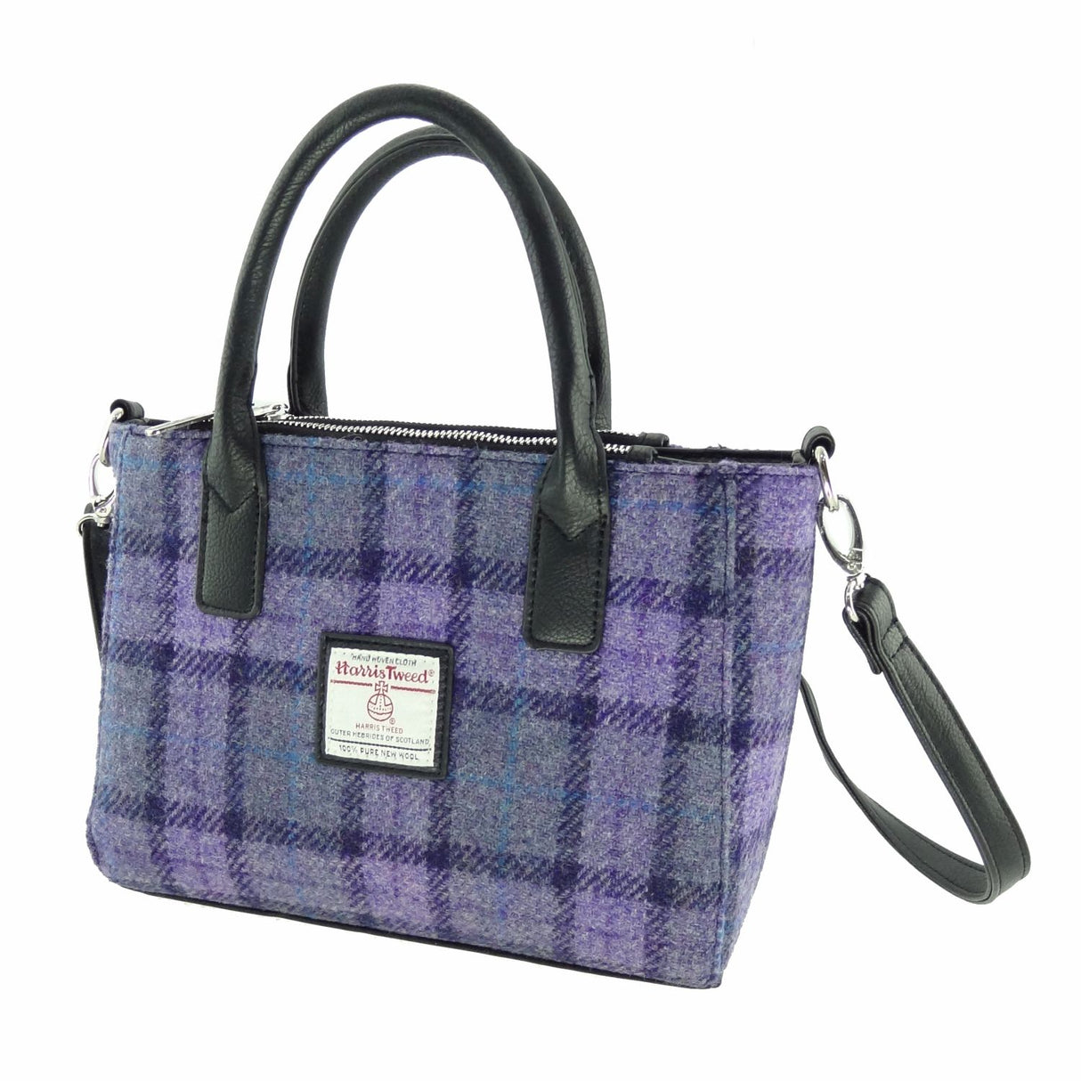 Brora Harris Tweed Small Tote Bag with Shoulder Strap Bold Purple Check