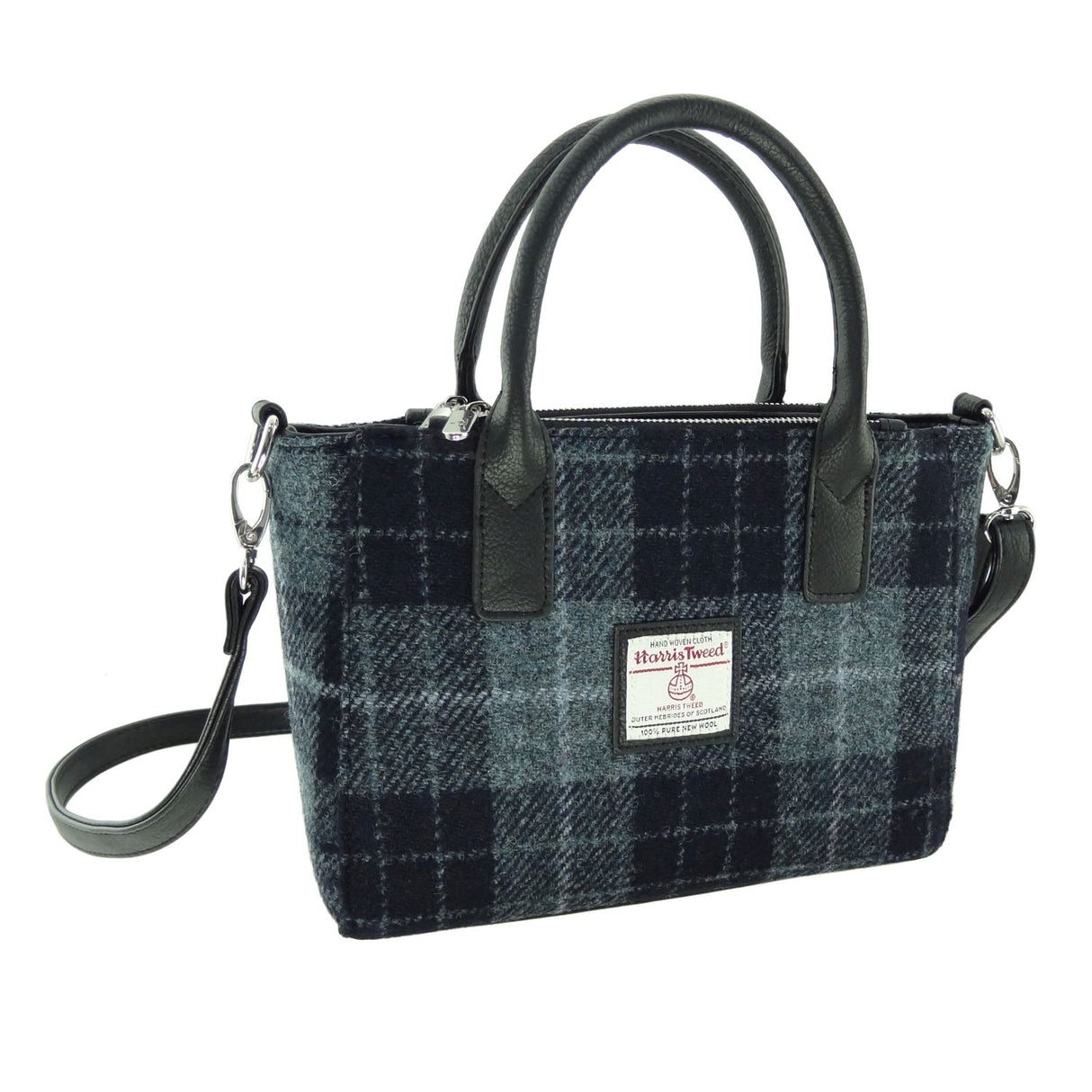 Brora Harris Tweed Small Tote Bag with Shoulder Strap Dark Grey & Black Tartan