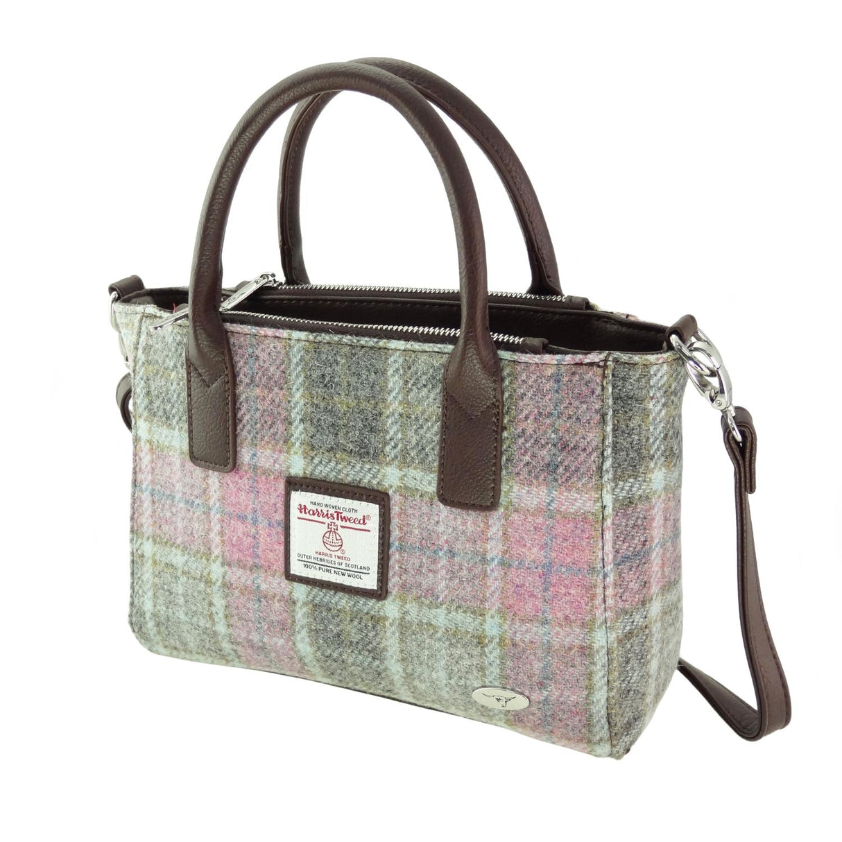 Brora Harris Tweed Small Tote Bag with Shoulder Strap Soft Pink Buchanan