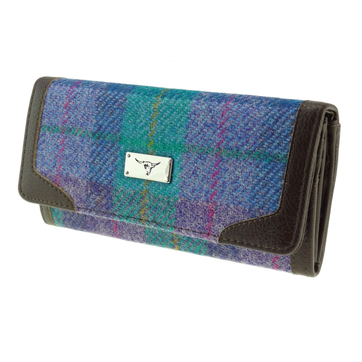 Bute Harris Tweed Long Purse with Zip/Card Green & Purple Tartan