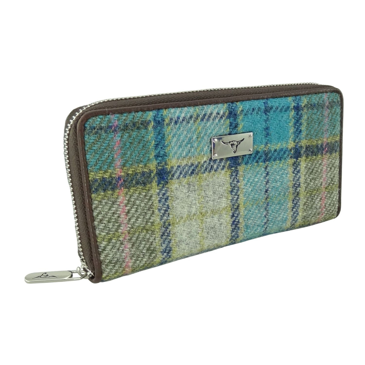 Staffa Harris Tweed Long Zip Close Purse Turquoise Tartan