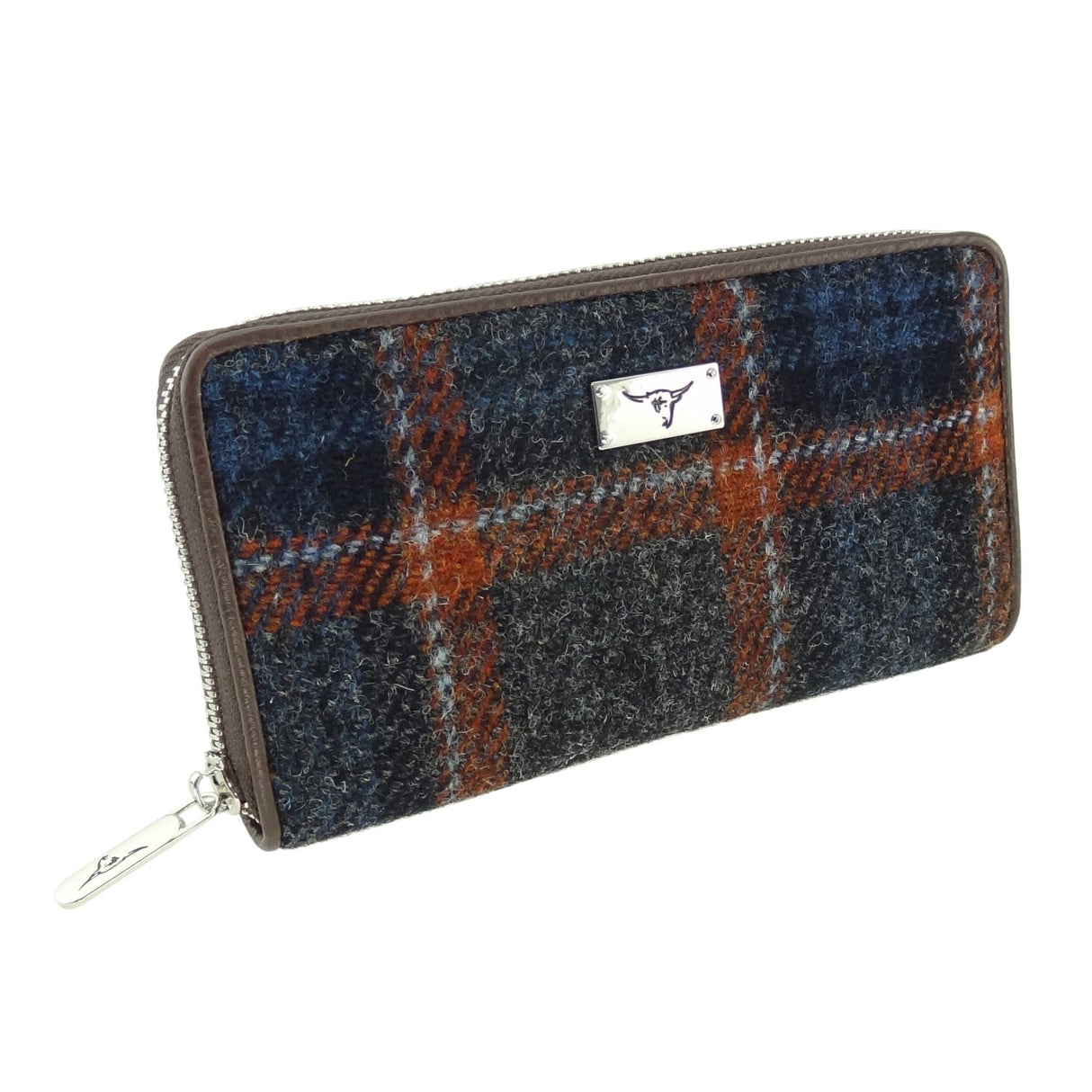 Staffa Harris Tweed Long Zip Close Purse Grey with Rust Overcheck