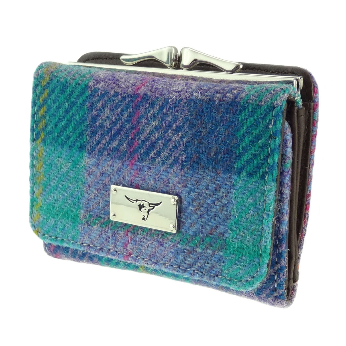 Unst Harris Tweed Small Clasp Purse with Card Section Green & Purple Tartan