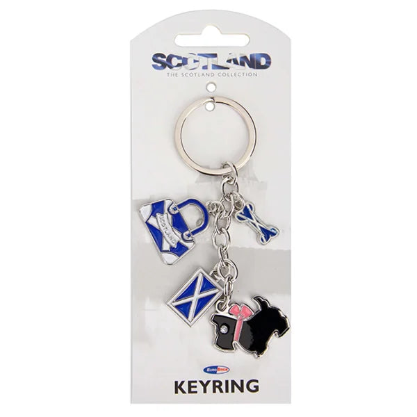 Multi Scottish Bag, Dog, Bone, Flag Keyring