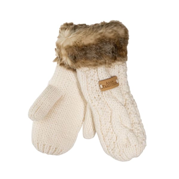 Aran Cable Fur Trim Mitt - Cream