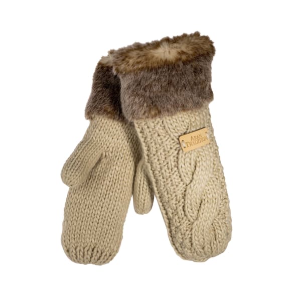 Aran Cable Fur Trim Mitt - Oatmeal