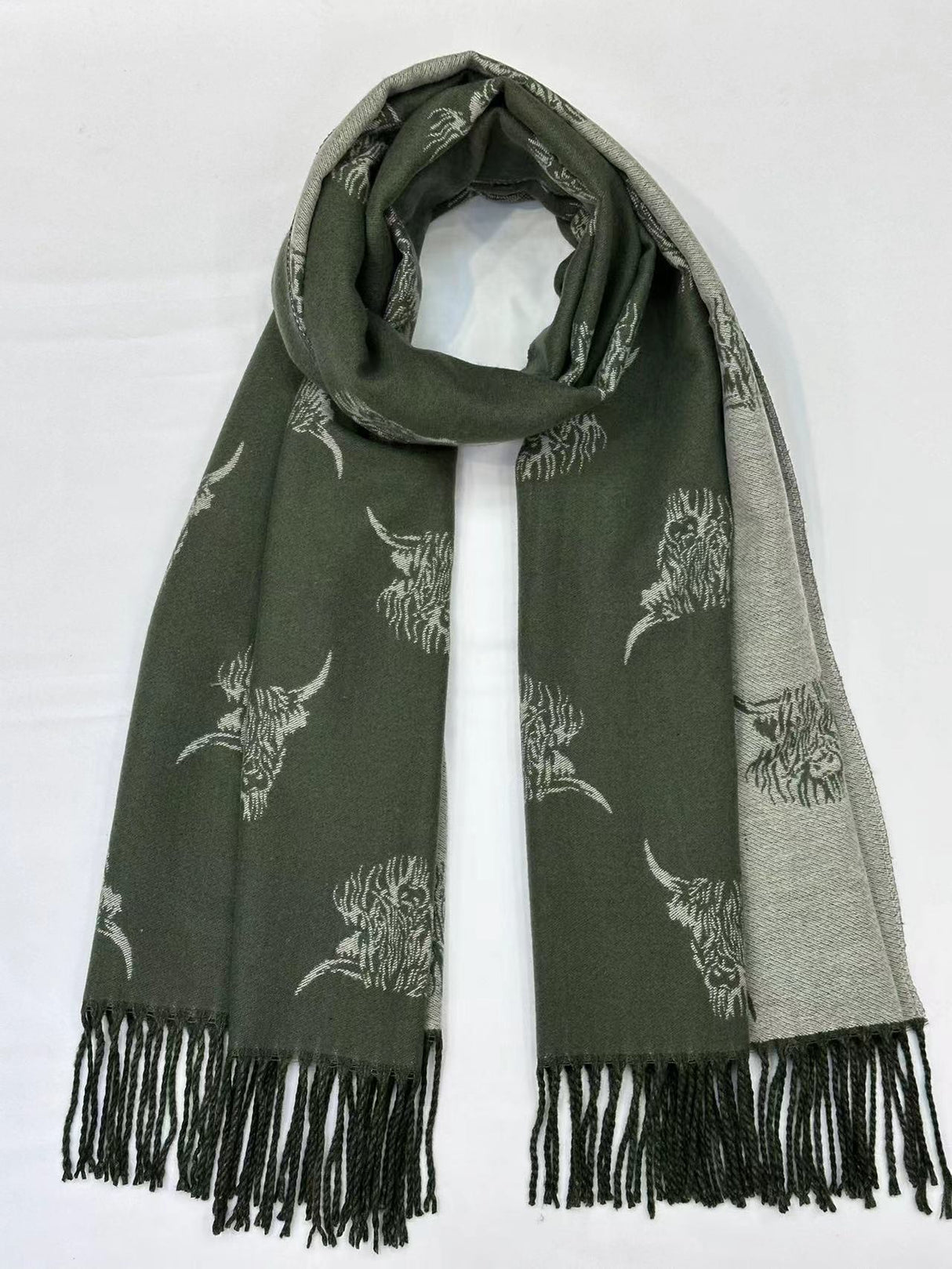 Olive Cashmere Blend Reversible Highland Cow scarf