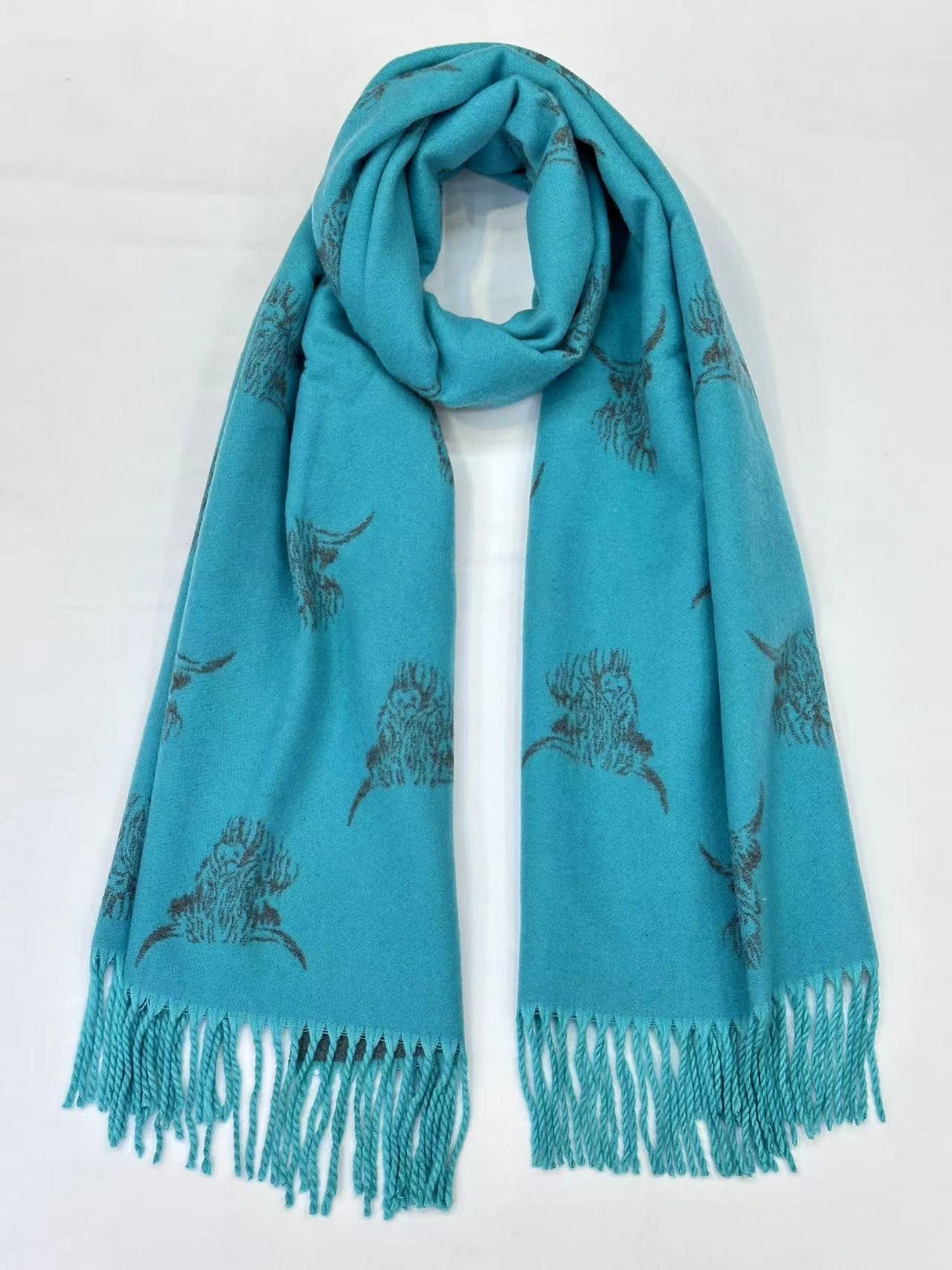 Blue Cashmere Blend Reversible Highland Cow scarf