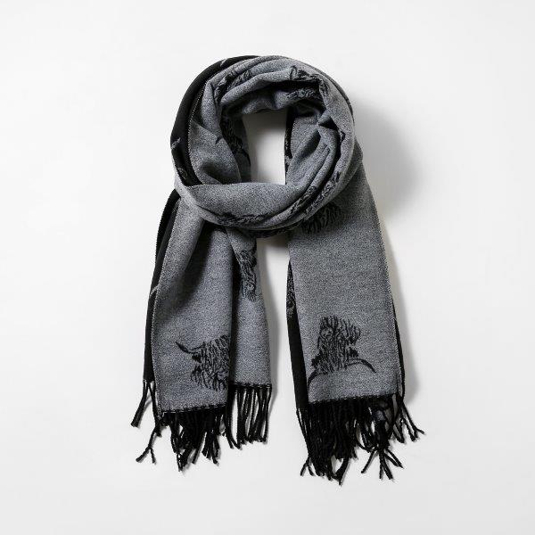 Grey Cashmere Blend Reversible Highland Cow scarf