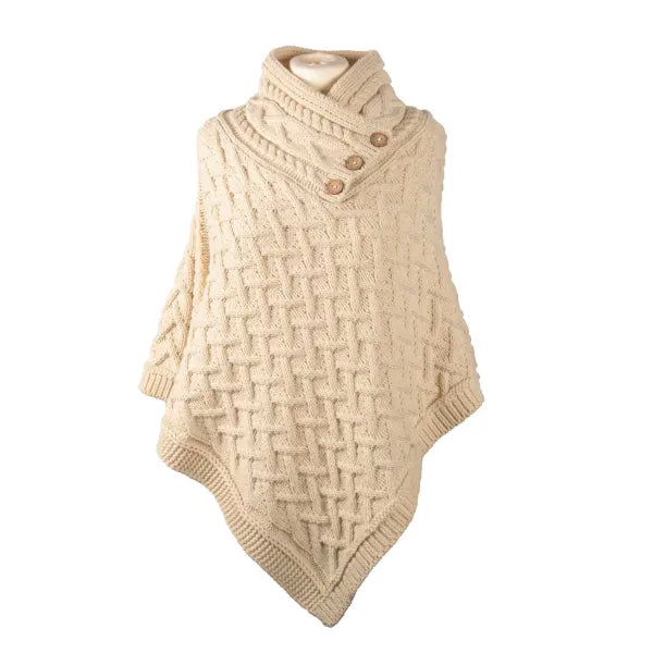 Aran Cable Button Shawl Neck Poncho - Cream