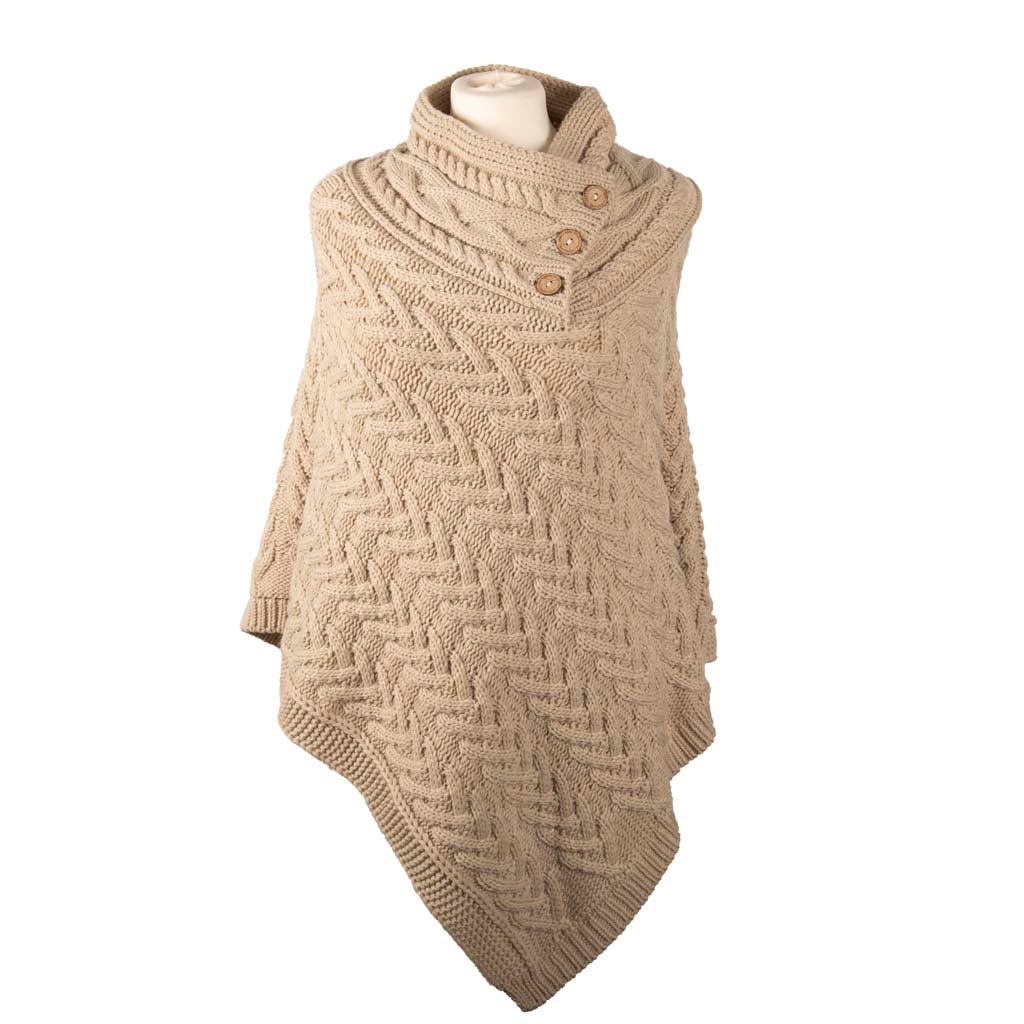 Aran Cable Button Shawl Neck Poncho - Oatmeal