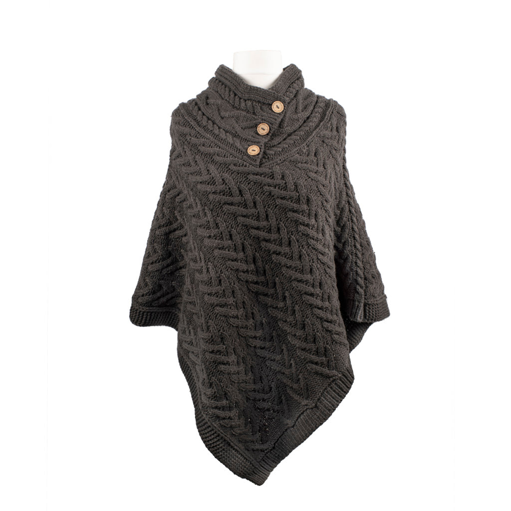 Aran Cable Button Shawl Neck Poncho - Charcoal