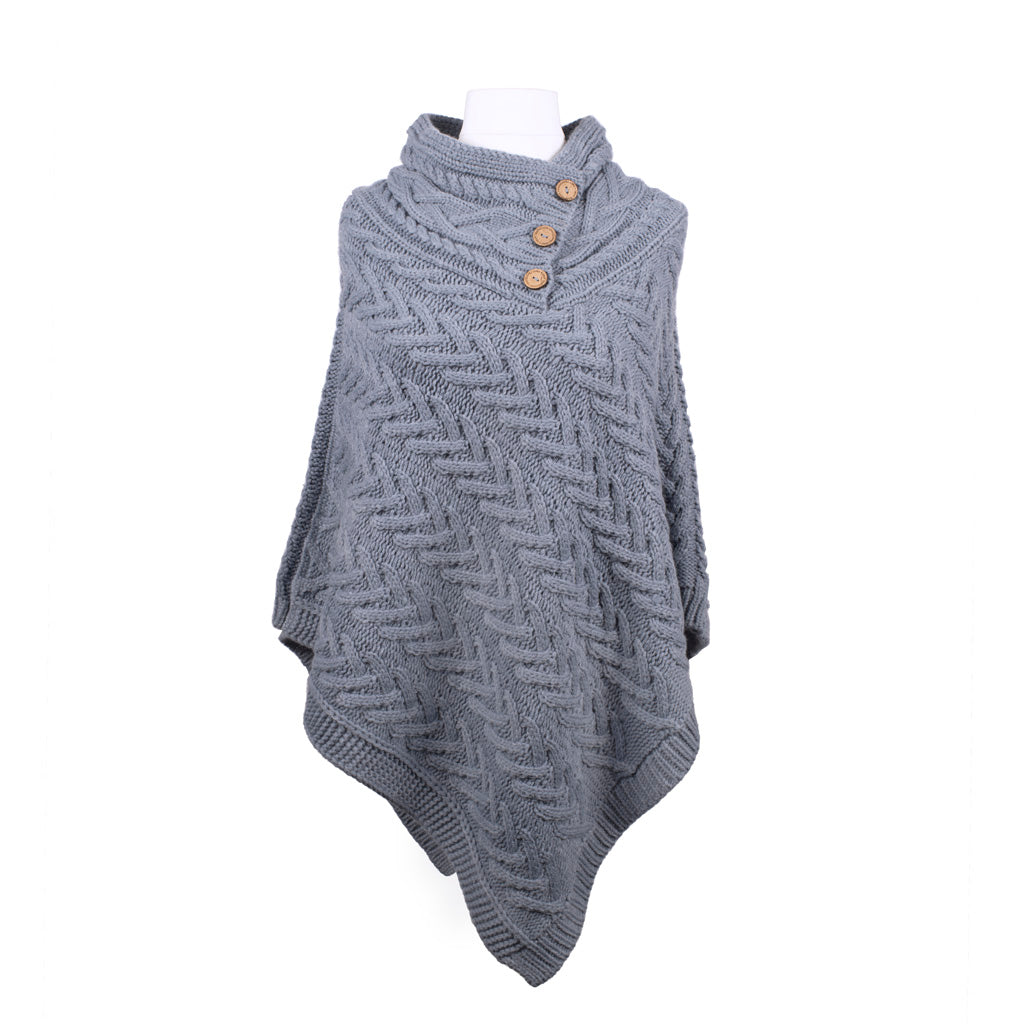 Aran Cable Button Shawl Neck Poncho - Silver Grey