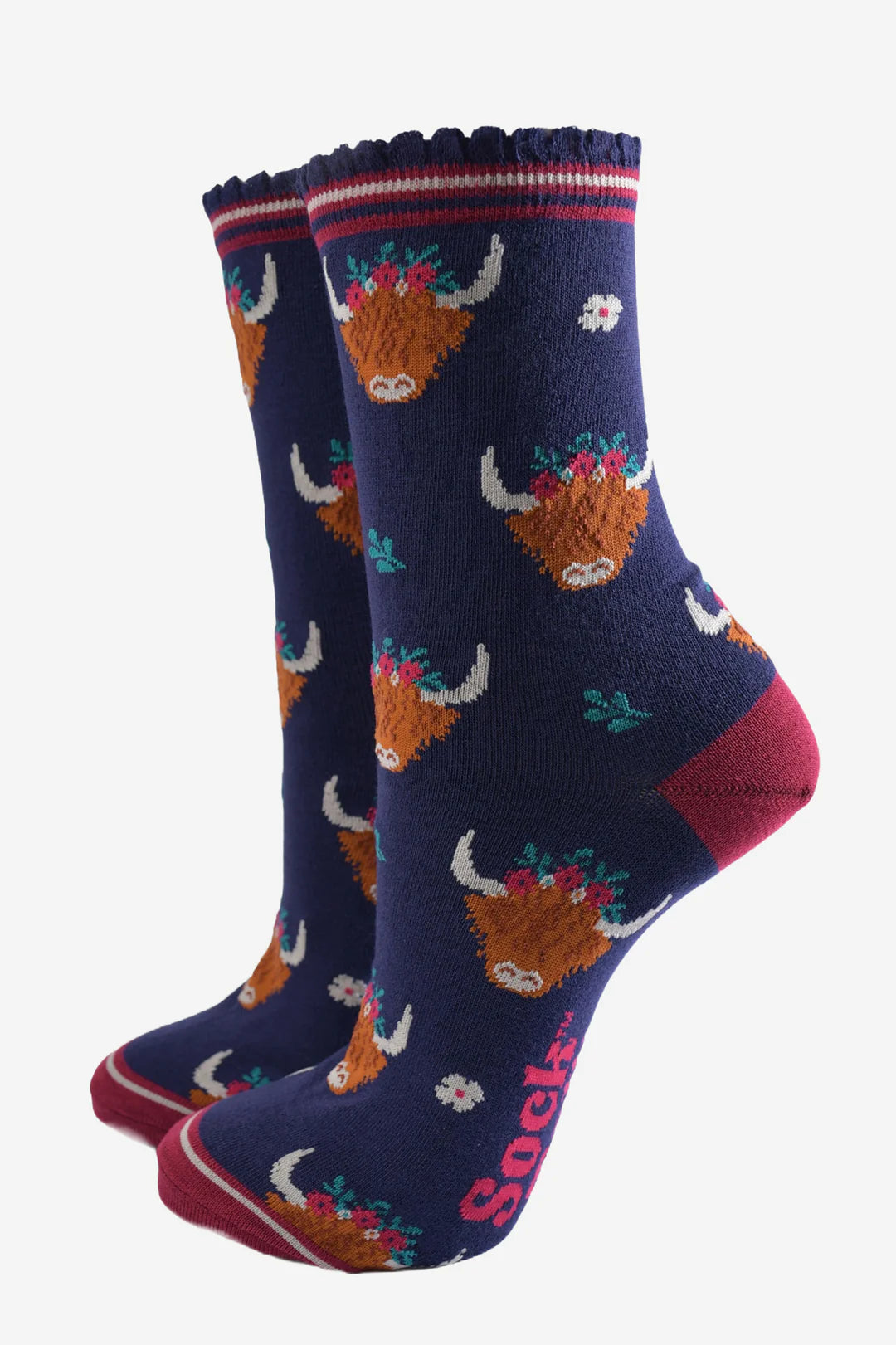 Ladies Navy Blue Winter Highland Cow Bamboo Socks
