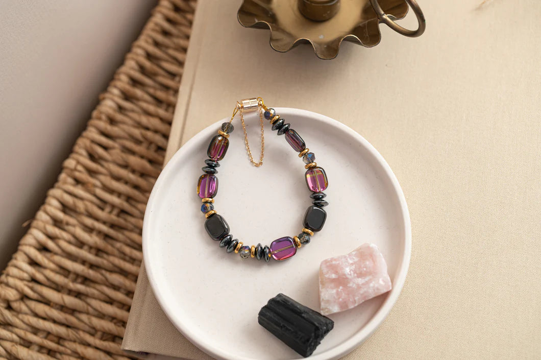 Hematite, Glass & Crystal Bracelet in Purple