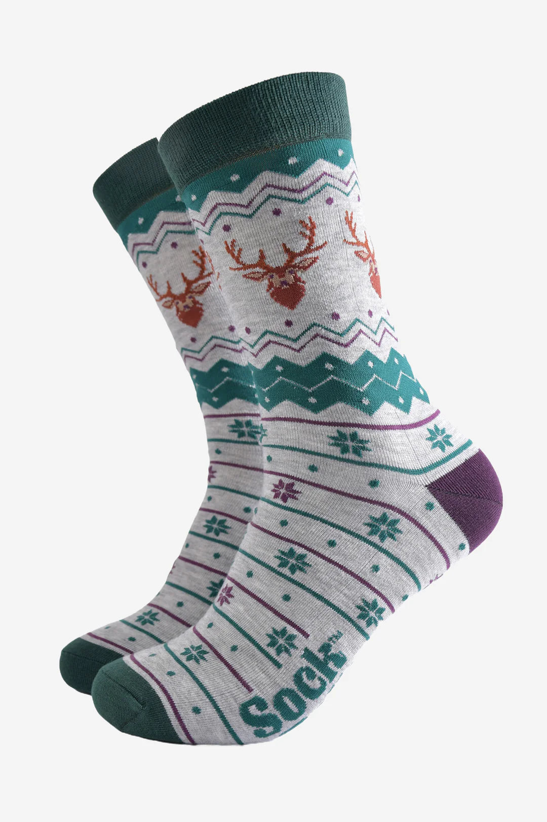 Mens Grey Fair Isle Stag Bamboo Socks