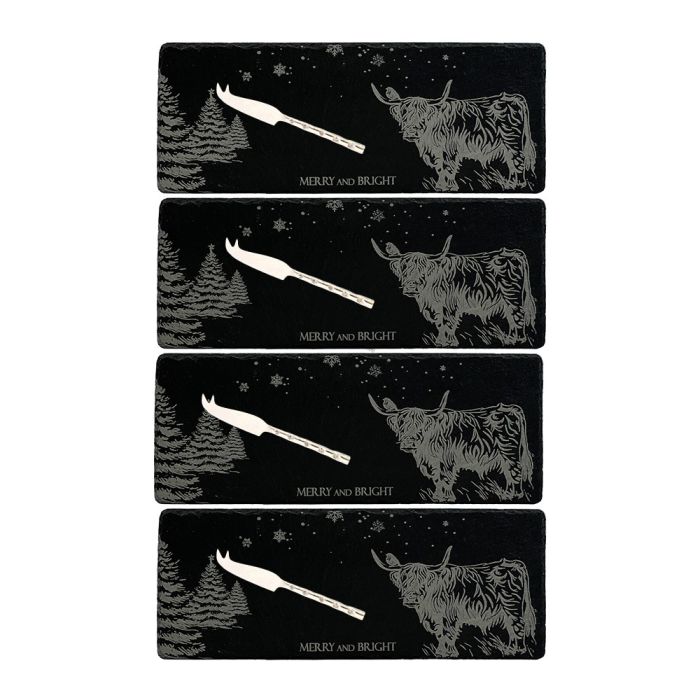 Merry and Bright Cow and Robin Set of 4 Mini Cheese Board & Knives (Gift Boxed)