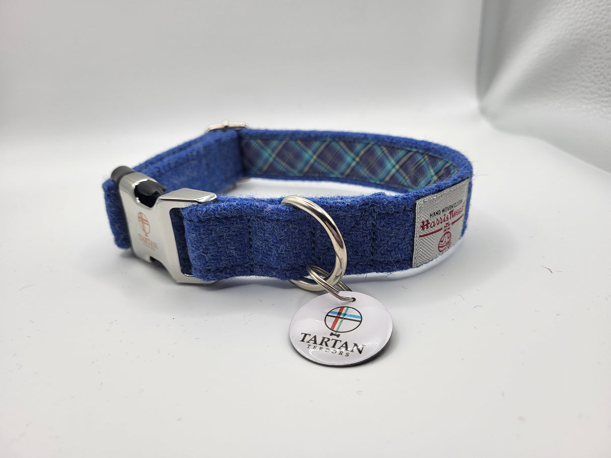 Blue Harris Tweed Dog Collar Medium Approx 29-45cm round, 20mm wide