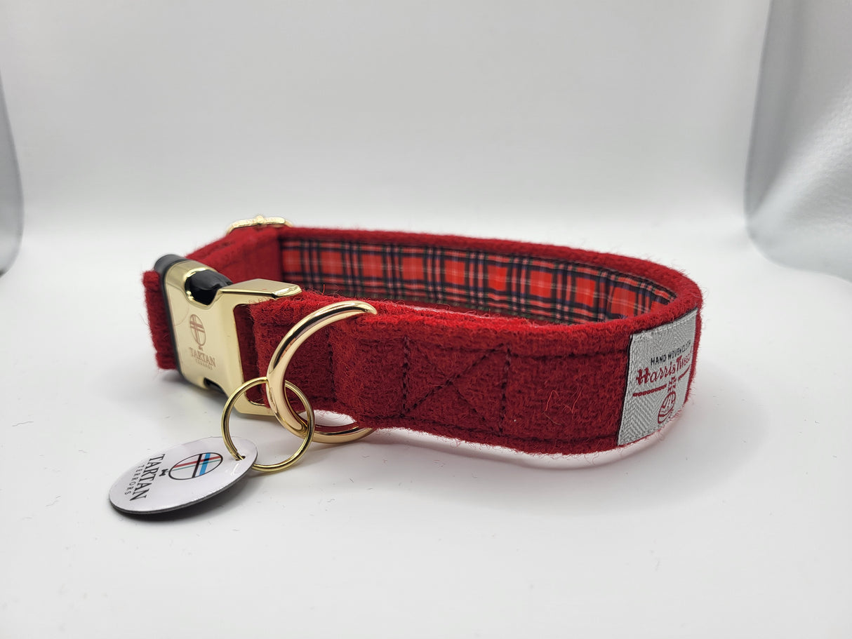 Red Harris Tweed Dog Collar Medium Approx 29-45cm round, 20mm wide