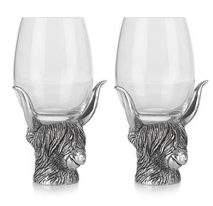 Pewter Highland Cow Stem Pair Of Wine Glasses
