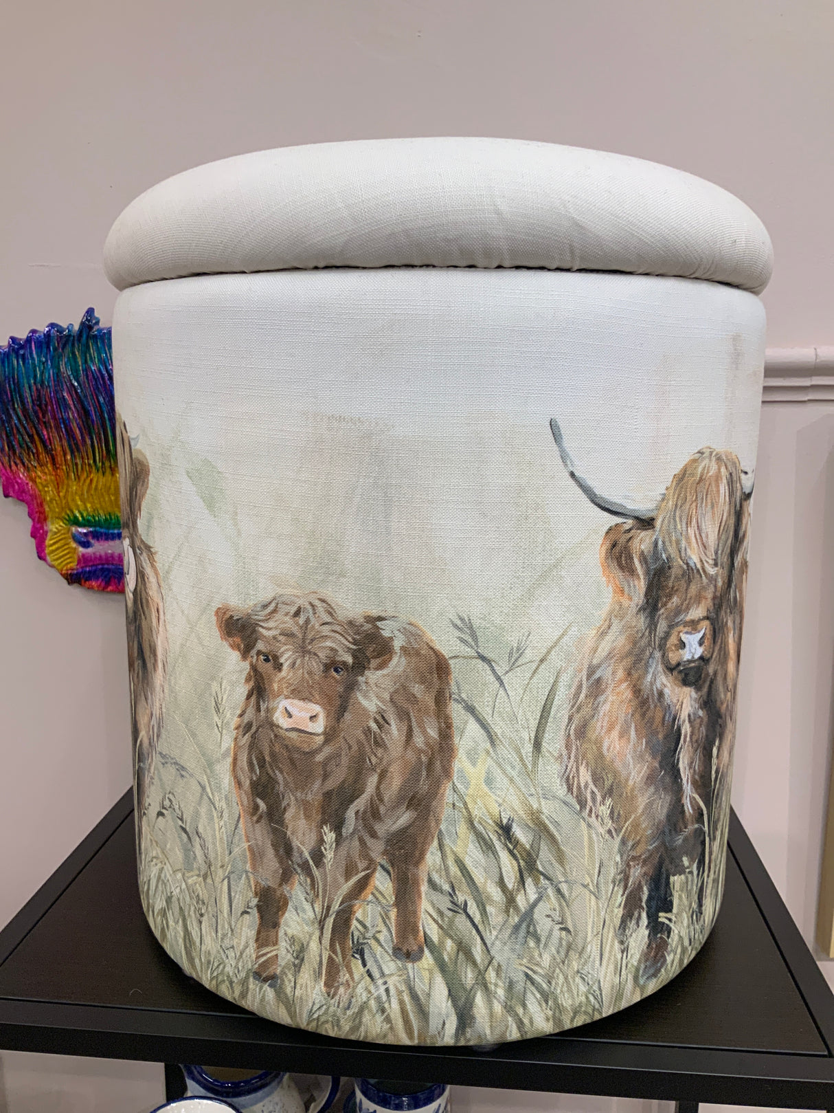 Dougal Highland Cow Round Fabric Storage Stool