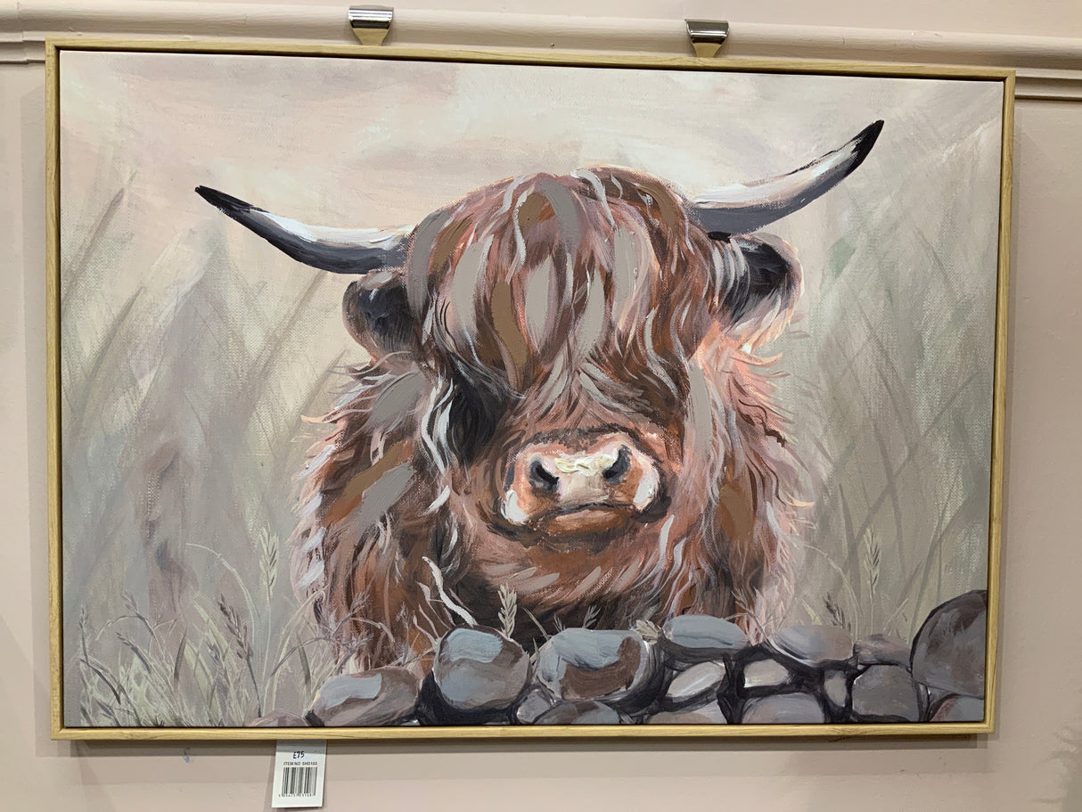 Dougal Highland Cow Framed Canvas with Hand Painted Elements