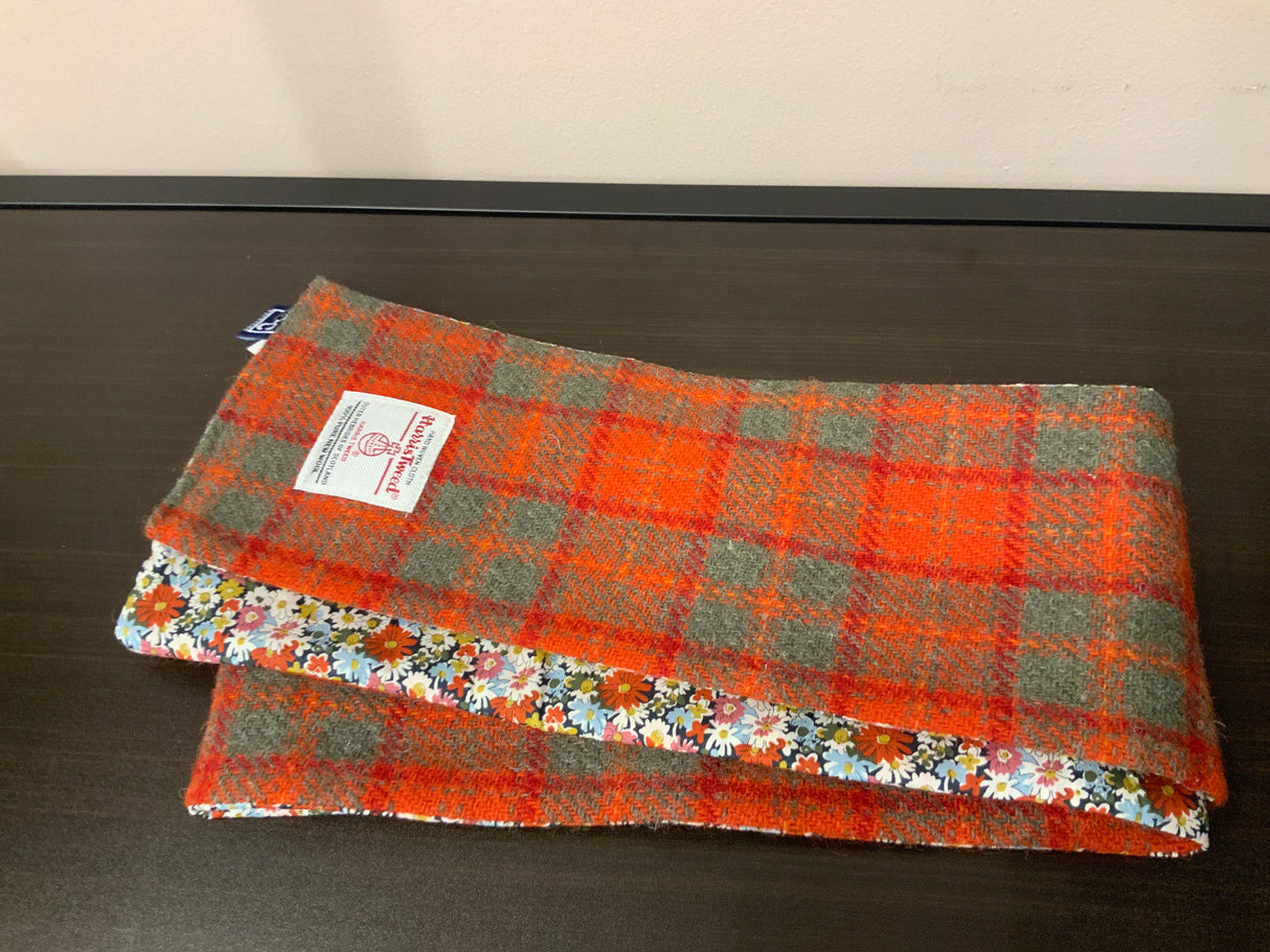 Orange / Olive Harris Tweed Skinny Scarf With Floral Back