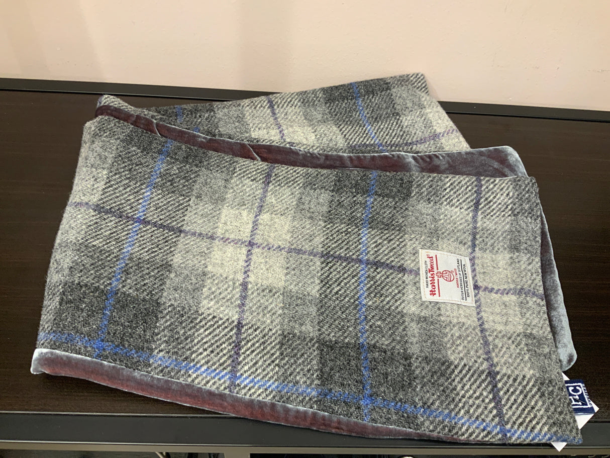 Grey Harris Tweed Scarf With Velvet Back
