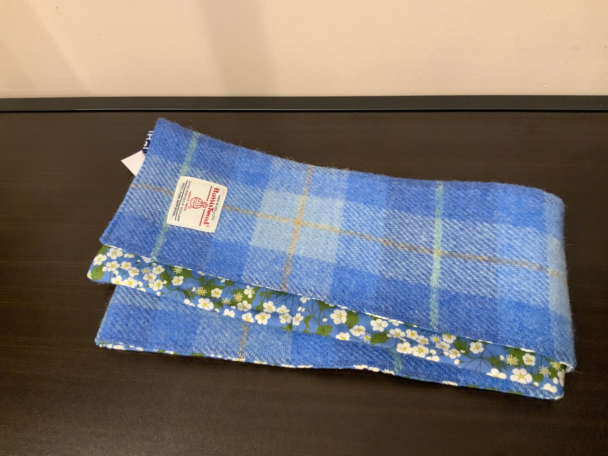 Pale Blue Harris Tweed Skinny Scarf With Mitsi Floral Back