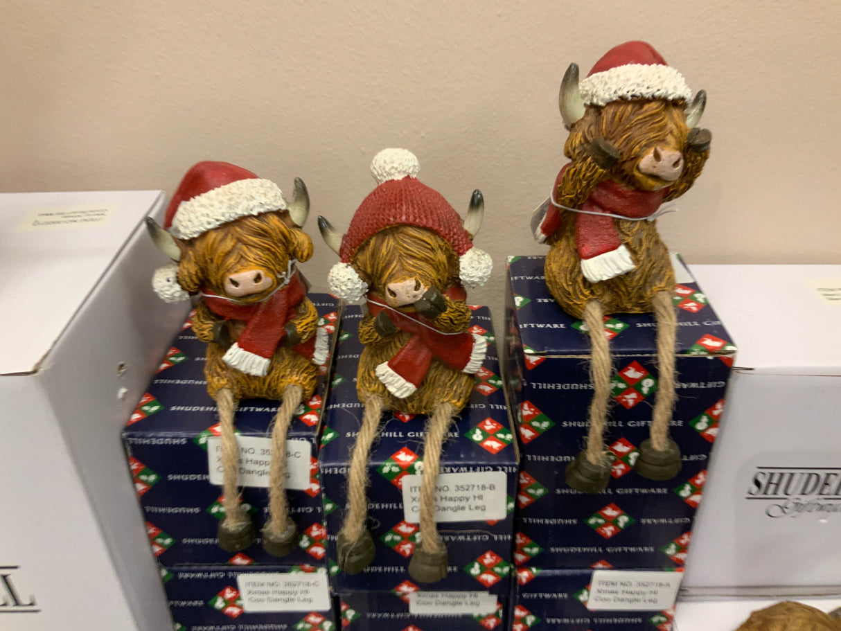 Merry Christmas Happy Highland Coos Sitters with Dangle Legs