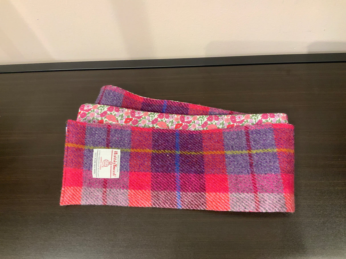 Dark Pink / Purple Harris Tweed Skinny Scarf With Floral Back