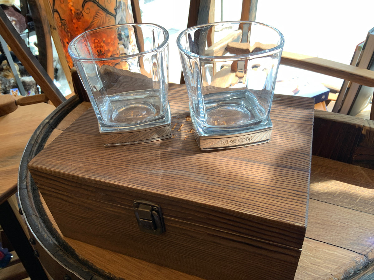 Pewter Trim Pair of Whisky Tumblers With Whisky Stones & Tongs Gift Box