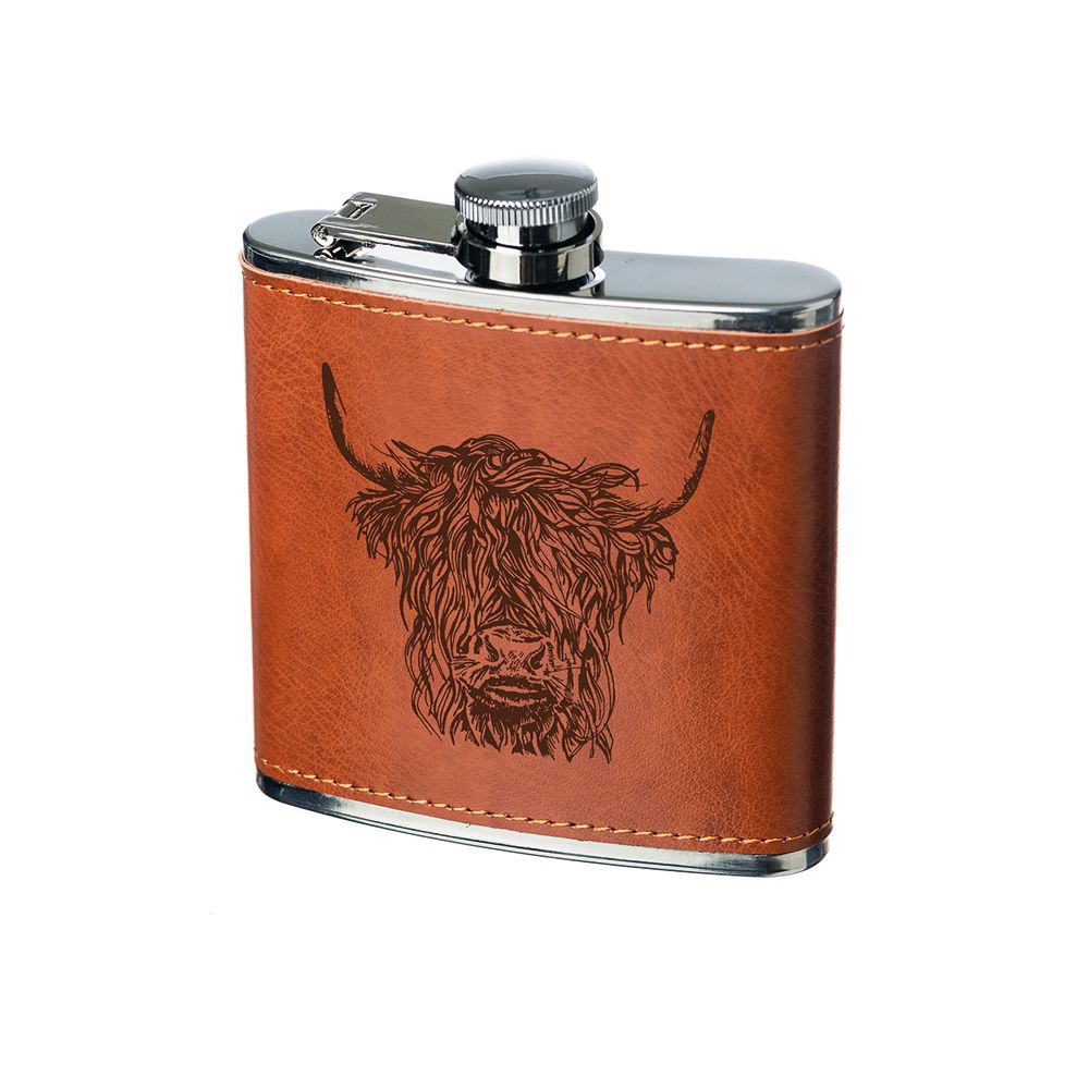 Highland Cow Leather Covered Hip Flask (Gift Boxed)