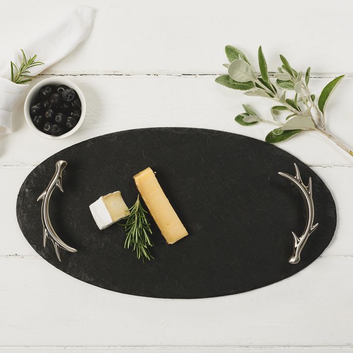 Stag Antler Handles Plain Slate Oval Serving Tray