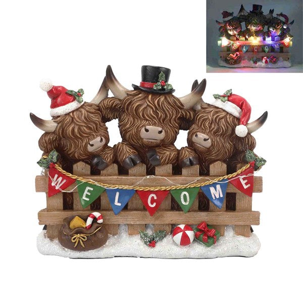 Highland Cow Welcome Fence LED 21 x 17cm