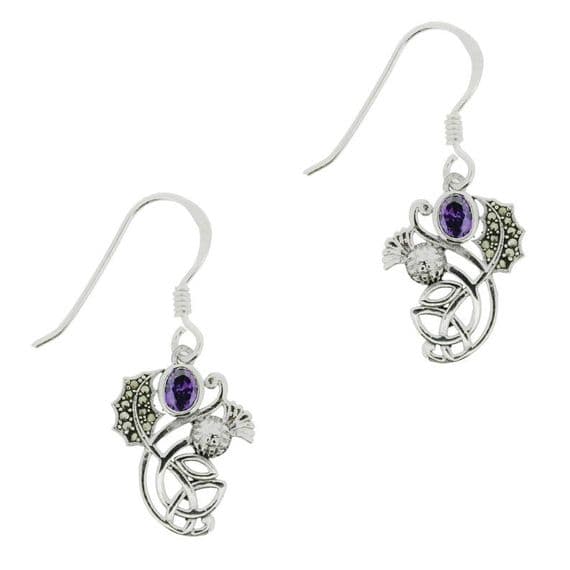 Entwined Thistle with Amethyst Colour Stone and Marcasite Drop Earrings