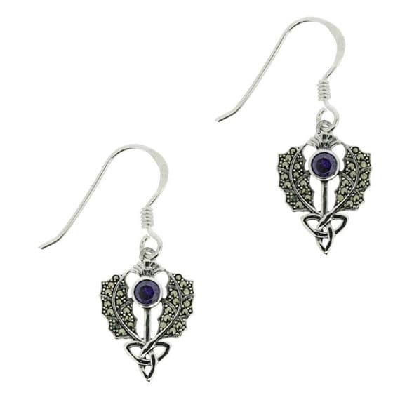 Marcasite with Amethyst Colour Stone Thistle Drop Earrings