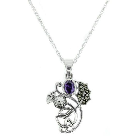 Entwined Thistle with Amethyst Colour Stone and Marcasite Pendant