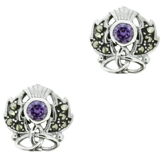 Marcasite with Amethyst Colour Stone Thistle Stud Earrings