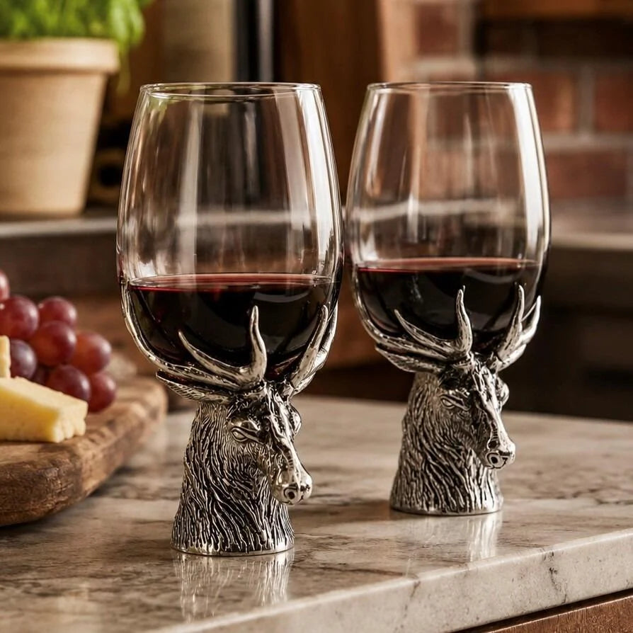 Pewter Stag Stem Pair Of Wine Glasses