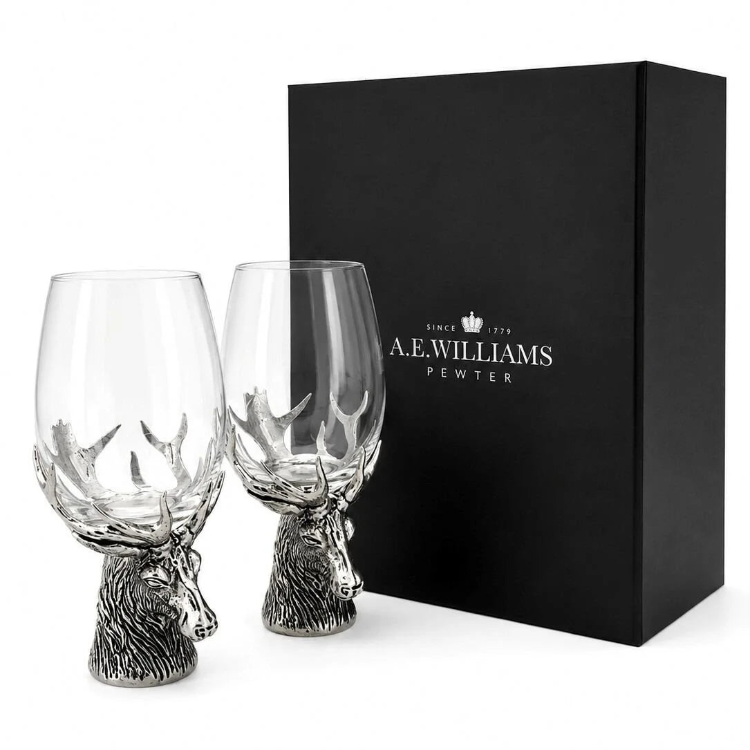 Pewter Stag Stem Pair Of Wine Glasses