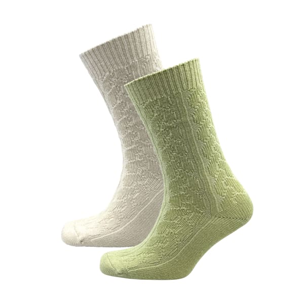 Aran Cable Cashmere Blend 2pack Socks - Winter White/Laurel Green