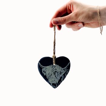 Highland Cow Slate Heart Decoration