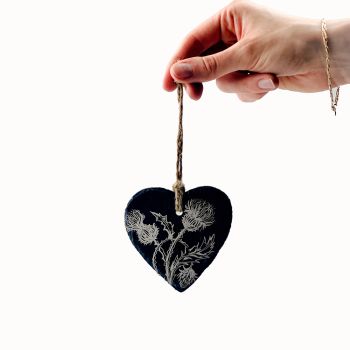 Trio of Thistles Slate Heart Decoration